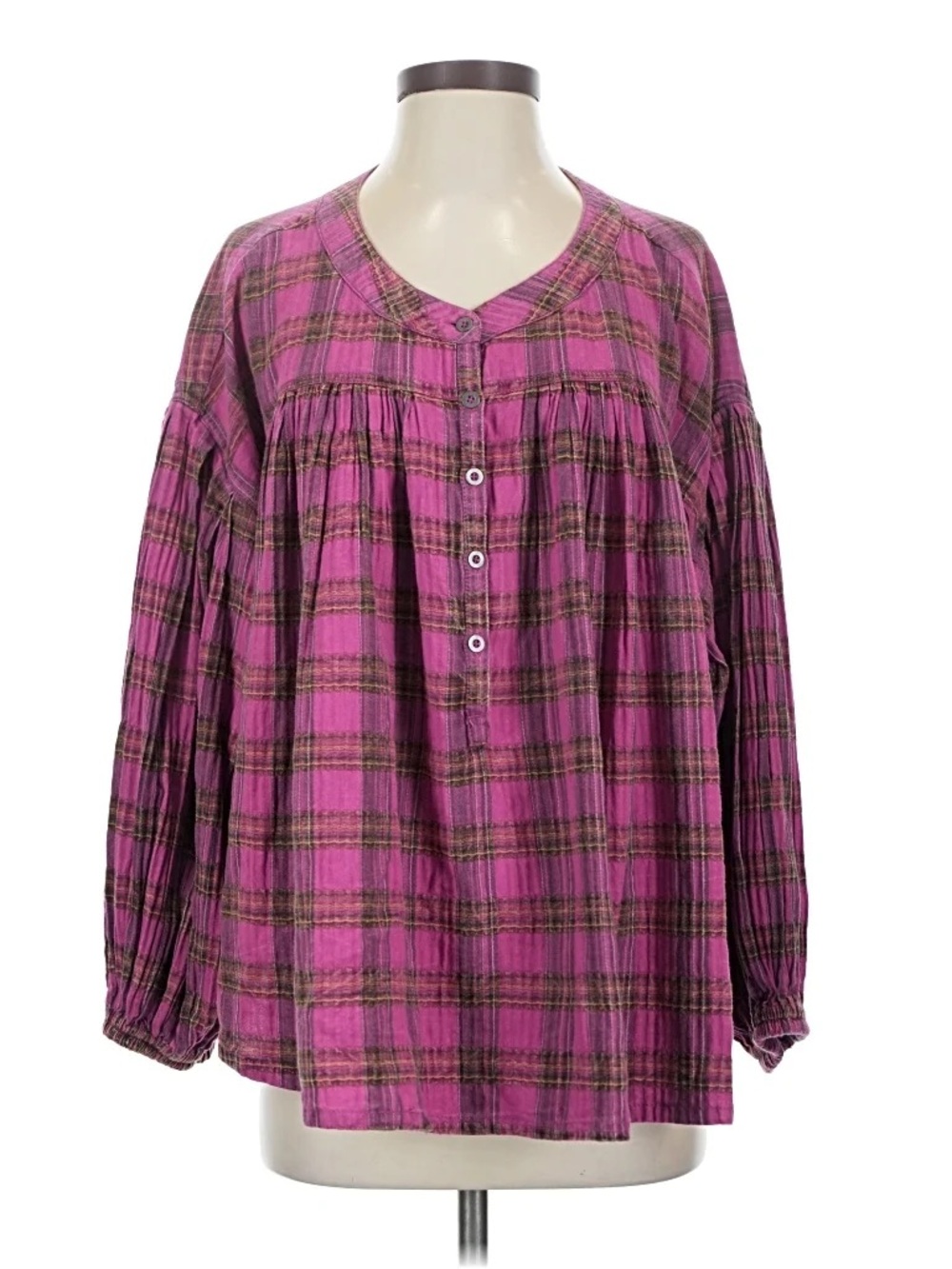 We The Free by Free People Pink Plaid Button-Front Peasant Blouse